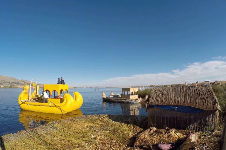 Uros People's Puma Boat on Lake Titicaca, Peru